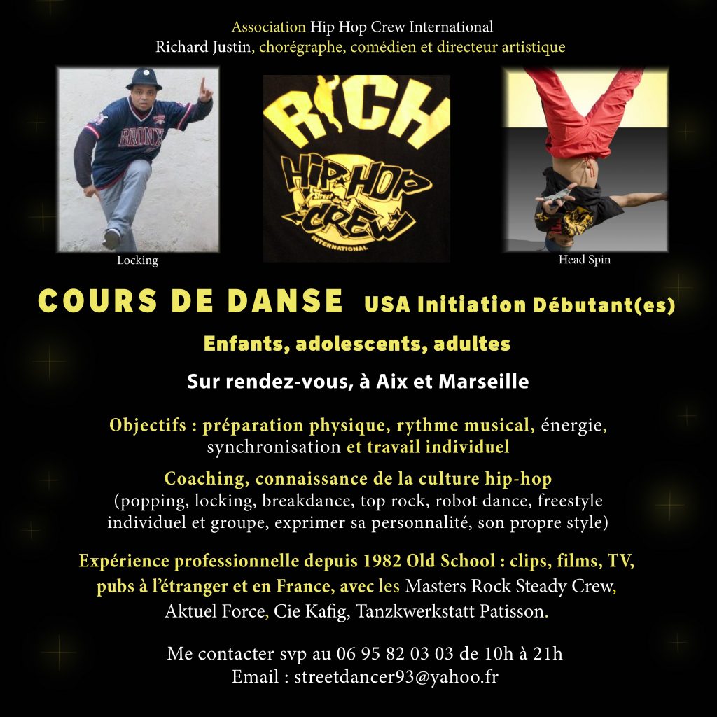 Cours de danse hip hop basic débutant, popping, locking, robot dance, freestyle à Marseille sur rendez-vous par Richard Justin
